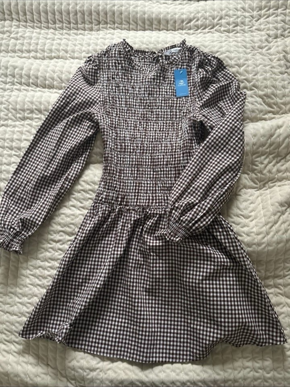 Smocked Gingham Long-Sleeve Casual Dress - Brown/White